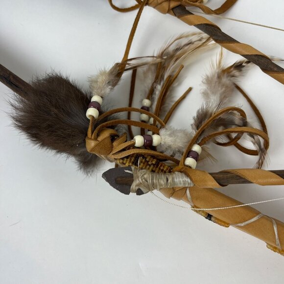 Chief Cross Bow Native American Wall Hanging Decor with Deerskin & Feathers - Picture 12 of 16